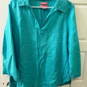 100% Linen Isaac Mizrahi Turquoise Blouse